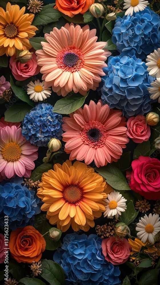 A vibrant close-up of various colorful flowers, including blue hydrangeas, orange and pink gerbera daisies, and roses, arranged beautifully against a dark background. A vibrant close-up of various colorful flowers, including blue hydrangeas, orange and pink gerbera daisies, and roses, arranged beautifully against a dark background.