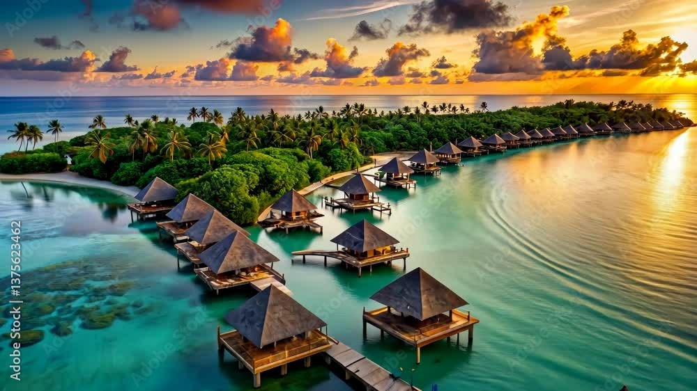 Tranquil ocean bungalows at sunset with breathtaking view of colorful sky Tranquil ocean bungalows at sunset with breathtaking view of colorful sky