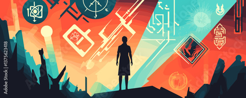 Silhouette of person with futuristic symbols against colorful abstract background - vector.