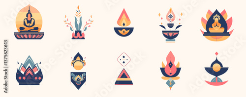 Colorful abstract yoga and meditation symbols with buddha silhouettes - vector.