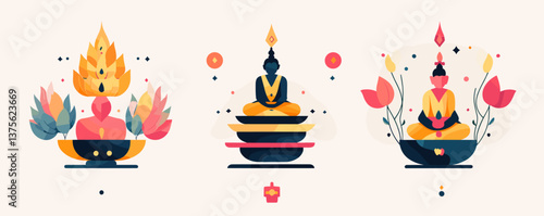 Abstract meditation scene with lotus and buddha symbols in vibrant colors - vector.