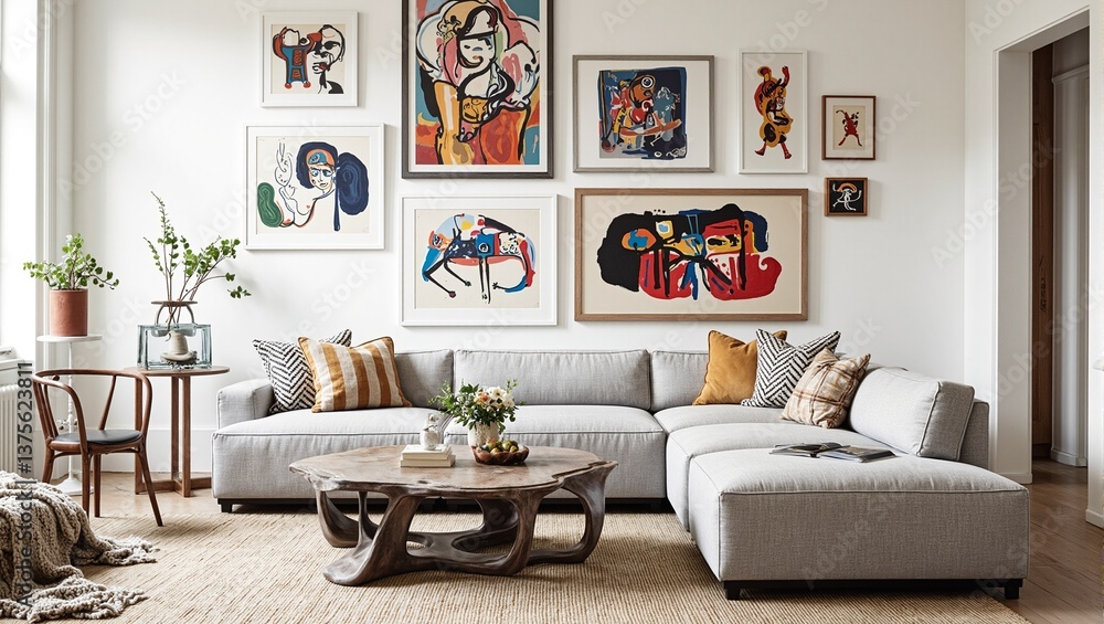Fototapeta premium Explore the charm of contemporary boho living with a curved modular sofa sculptural coffee table and eclectic gallery wall