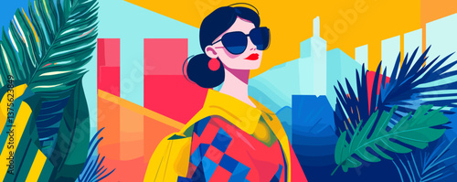 Stylish woman with sunglasses in urban jungle setting - vibrant colors vector.