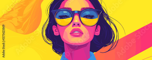 Colorful portrait of woman with sunglasses against bright background vector.