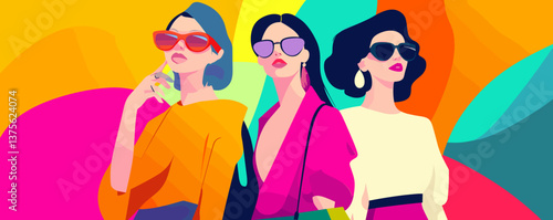 Stylish women with sunglasses in colorful fashionable outfits - vector.