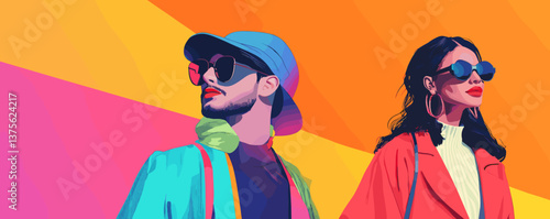Stylish duo in vibrant urban fashion with sunglasses against colorful background - vector.