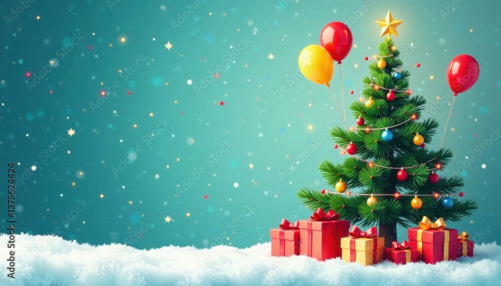 Fototapeta premium Vector illustration of stylized Christmas tree with gifts and balloons, vector, illustration, tree