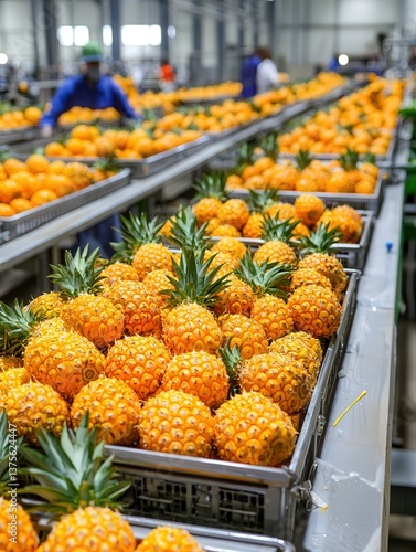 A vibrant display of fresh pineapples in a warehouse setting, showcasing the process of harvesting and preparing fruit for distribution.