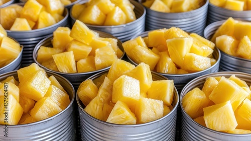 Canned pineapple chunks are neatly arranged in silver cans, showcasing their vibrant yellow color and fresh appearance.