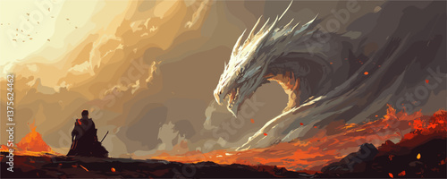 Epic fantasy landscape with knight and dragon in fiery scene – vector.