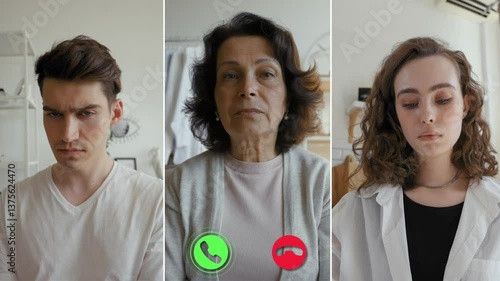 Three individuals engage in a split screen online call, focusing on a serious discussion regarding family issues. Each participant shows a different emotional response.