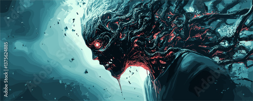 Dark fantasy creature with glowing eyes and fiery hair in abstract style - vector.