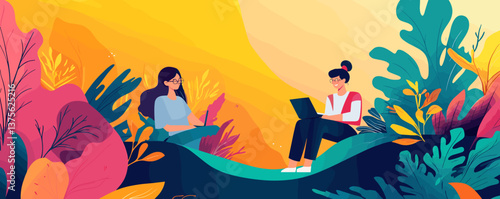 Two women working in a vibrant nature setting with laptops, surrounded by colorful leaves, vector.