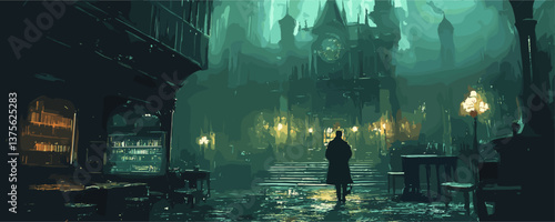 Mysterious gothic cityscape at night with silhouetted figure and illuminated clock tower - vector.