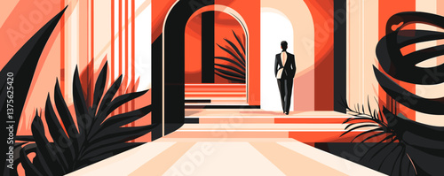 Abstract modern architecture with lone figure, geometric design, red and black tones vector.