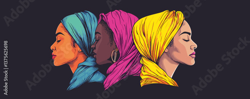 Colorful headscarf portraits of diverse women in profile – vector.