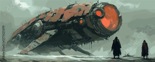 Futuristic dystopian landscape with two people and massive spaceship - vector.