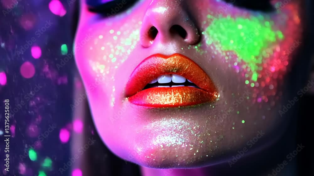 Bright neon makeup enhances facial features in a vibrant artistic display at a themed event Bright neon makeup enhances facial features in a vibrant artistic display at a themed event