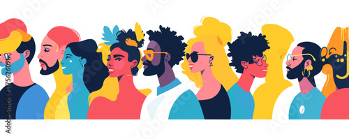 Diverse group of colorful people in profile view against white background, vector.