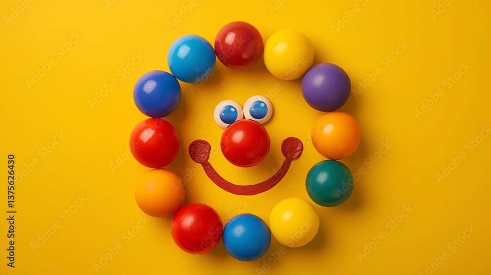Colorful balls arranged in a circle with a smiley face made of a red nose and painted on a yellow background. Colorful balls arranged in a circle with a smiley face made of a red nose and painted on a yellow background.