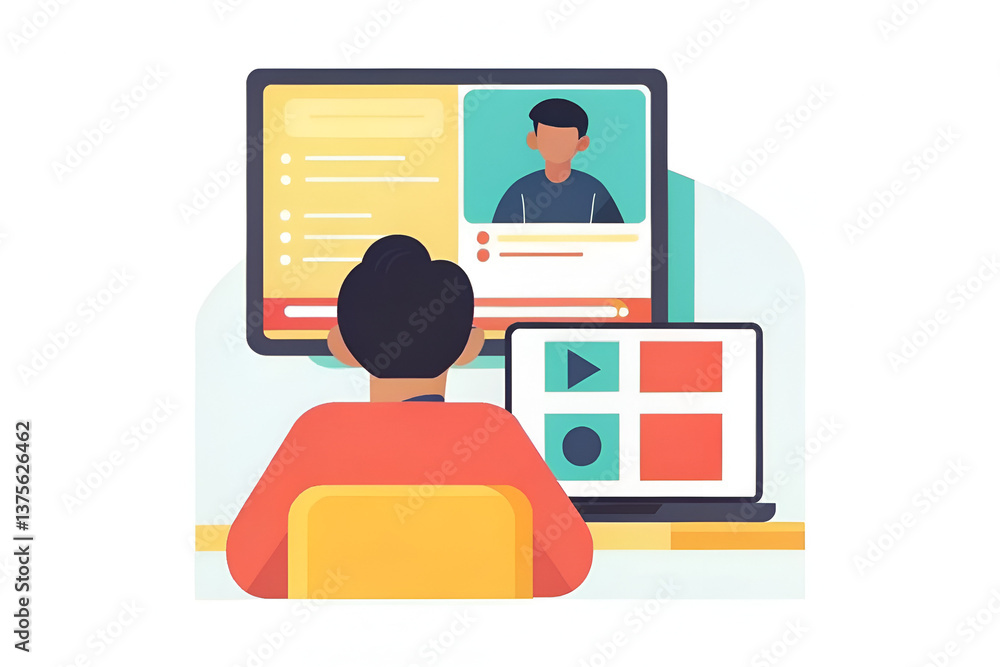 MOOCs Education Illustration of a person engaging in an online video call using two screens. MOOCs Education Illustration of a person engaging in an online video call using two screens.