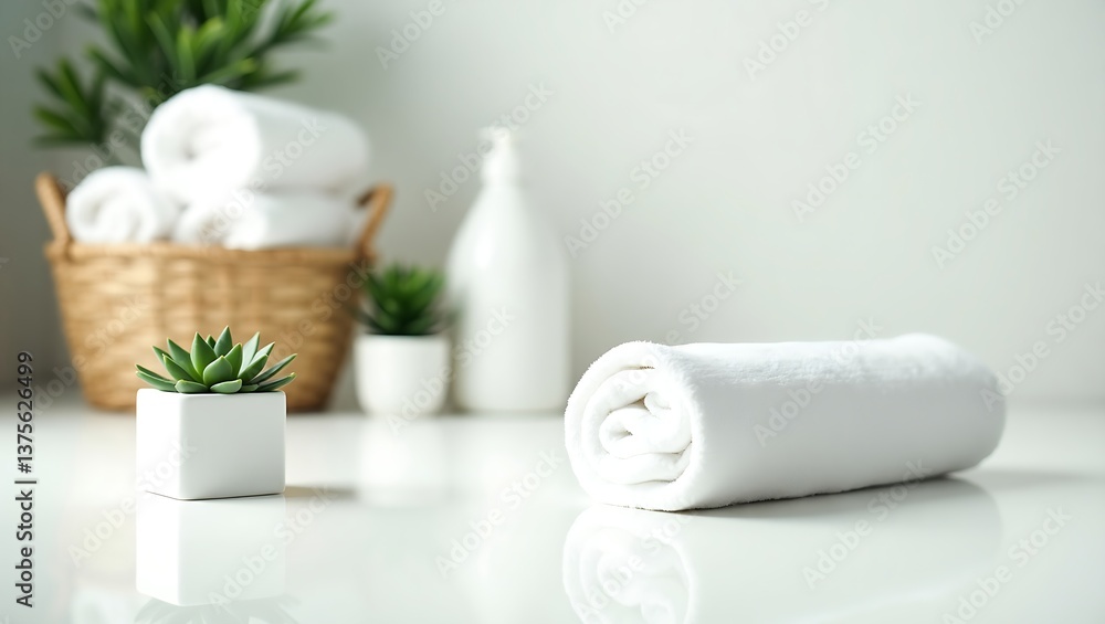 Minimalist Still Life with White Towel, Succulent Plant, and Wicker Basket in Spa-Like Setting Minimalist Still Life with White Towel, Succulent Plant, and Wicker Basket in Spa-Like Setting