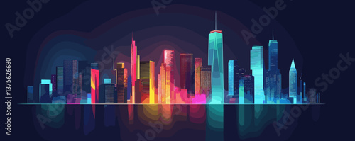 Vibrant neon cityscape with colorful skyline at night, modern urban art - vector.