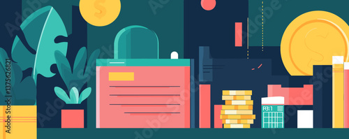 Business and finance concept with office desk and coins in background - vector.