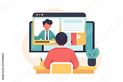 MOOCs Education Remote work illustration featuring a person in front of a computer screen during a video call.