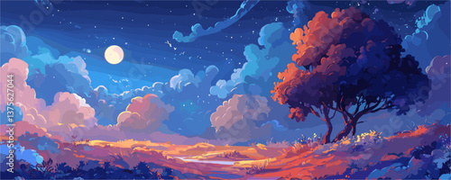 Colorful dreamy night landscape with moonlit sky and tree on hill, vector.