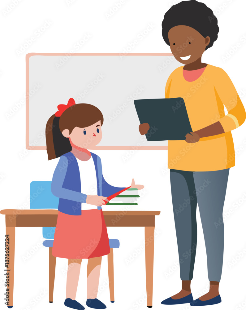 Teacher assisting student with digital learning in classroom.A friendly teacher assists a student with a digital tablet in a classroom setting. Teacher assisting student with digital learning in classroom.A friendly teacher assists a student with a digital tablet in a classroom setting.