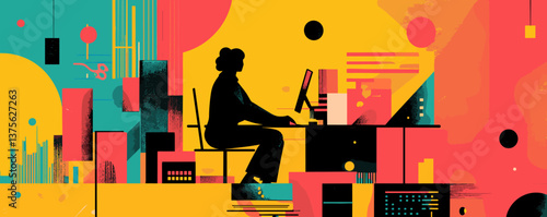 Abstract office environment with person at desk in vibrant geometric setting, vector.