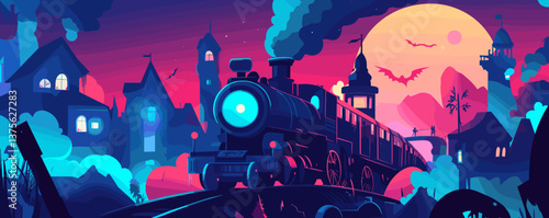 Enchanted steam train journey through magical nighttime village scenery with full moon - vector.