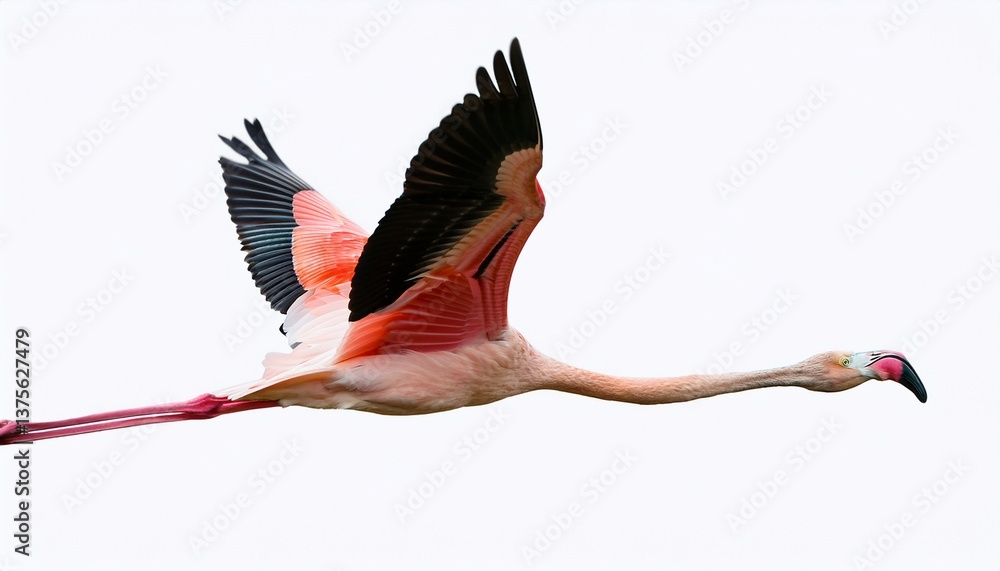 Fototapeta premium flying pink flamingo bird isolated on white or white background