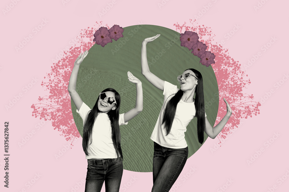 Composite trendy magazine vertical photo collage of two happy sisters dance together mother day celebration party wildflower spring Composite trendy magazine vertical photo collage of two happy sisters dance together mother day celebration party wildflower spring