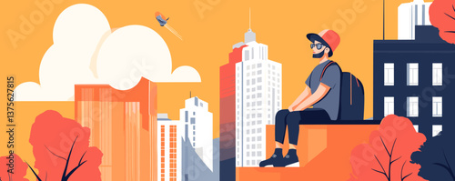 Urban explorer sits on rooftop viewing cityscape with drone in autumn day - vector.