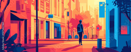 Colorful urban street scene with lone figure at sunset, cityscape art background, vector.