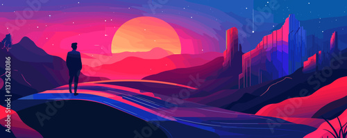 Silhouette of man on futuristic bridge at sunset in vibrant landscape vector.