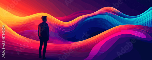 Silhouette of a person in a colorful abstract wave landscape at night, vector.