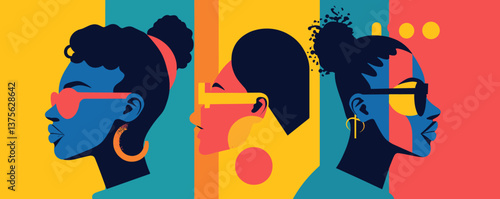 Vibrant pop art portraits of diverse women in bold colors vector.