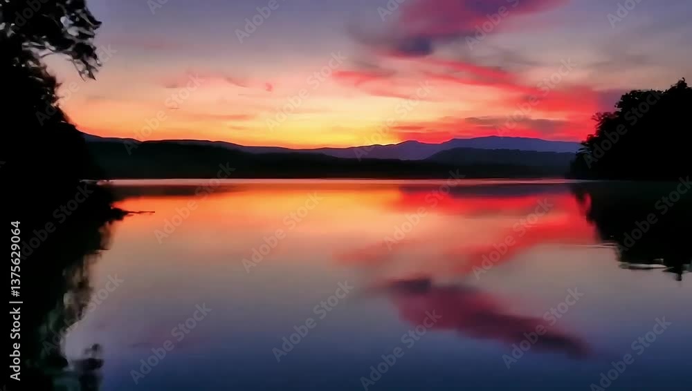 Stunning Red Sunset Over a River or Lake: Beautiful Sunset in a Forest by the River, Vibrant Sky Reflections, Peaceful Nature Scene at Dusk, Serene Water, and Scenic Landscape. Stunning Red Sunset Over a River or Lake: Beautiful Sunset in a Forest by the River, Vibrant Sky Reflections, Peaceful Nature Scene at Dusk, Serene Water, and Scenic Landscape.