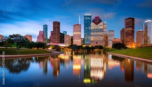 houston texas usa downtown skyline at dusk with beautiful city lights reflection on calm water