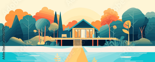 Cozy lakeside cabin amidst autumn forest with sunset sky in a rustic landscape - vector.