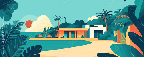Modern beachfront bungalow with palm trees and ocean view at sunset, tropical paradise landscape vector.