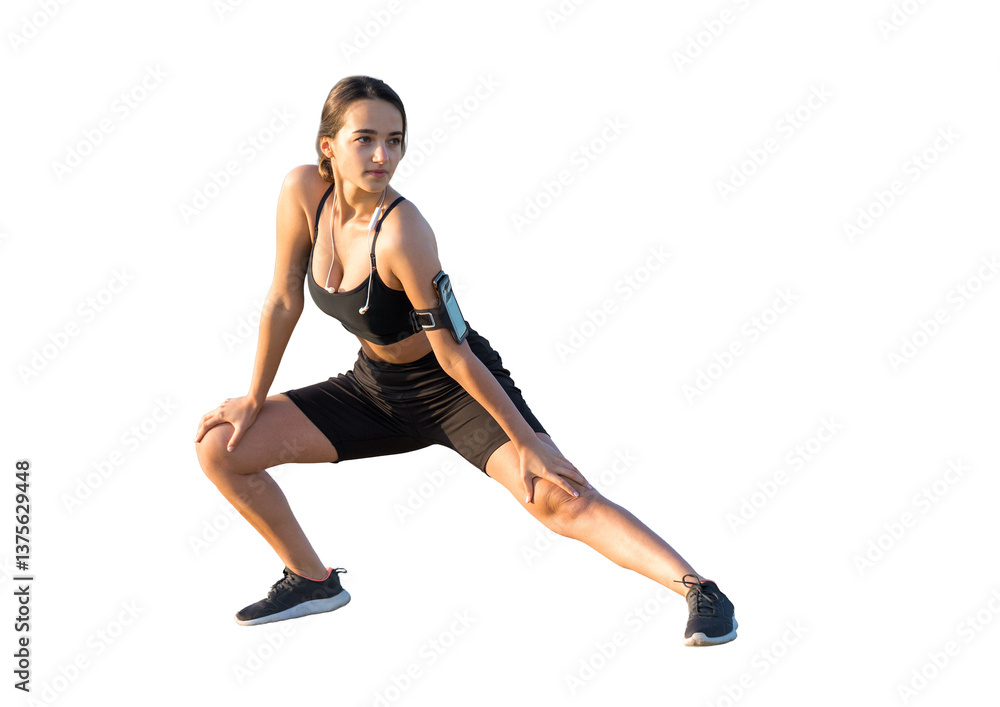 A sporty slim girl in leggings and a top is standing with a training mat, resting between exercises. A sporty slim girl in leggings and a top is standing with a training mat, resting between exercises.