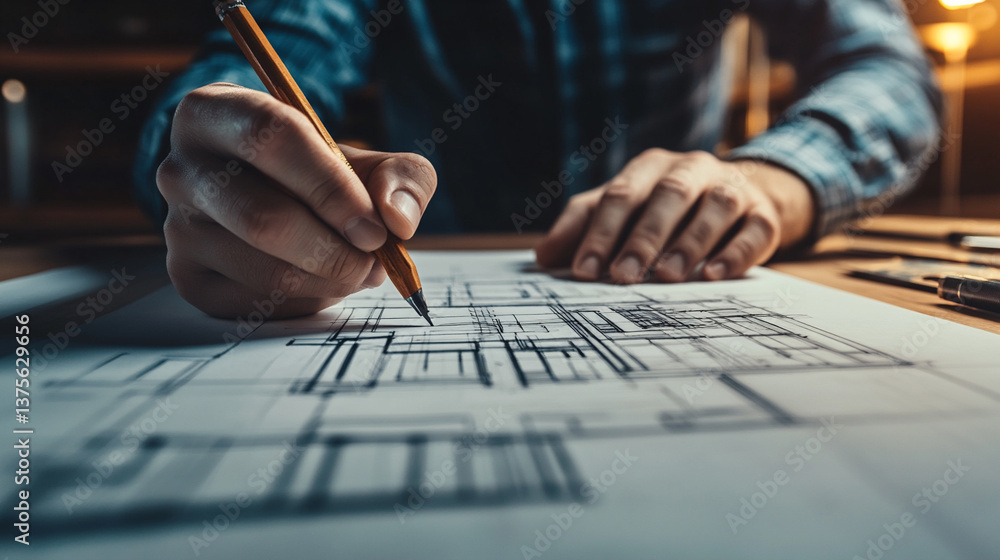 Close-up of an Architect's Hands Sketching Intricate Building Plans on Drafting Paper in a Well-Lit Workspace Close-up of an Architect's Hands Sketching Intricate Building Plans on Drafting Paper in a Well-Lit Workspace