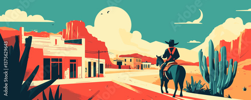 Cowboy riding horse in desert town at sunset with cacti and mountains - vector.