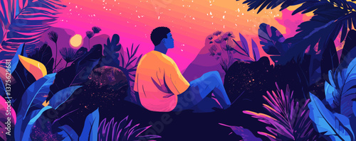 Vibrant sunset with contemplative figure in tropical jungle landscape - vector.