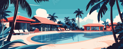 Tropical resort with palm trees and pool in paradise setting, retro style – vector.