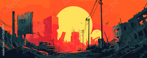 Futuristic urban wasteland with setting sun and ruined buildings, dramatic landscape vector.